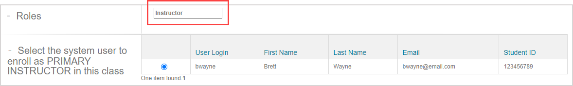 The instructor role autofills in the Roles pane above the search results table.